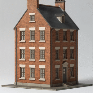 Miniature red brick building with detailed windows, doors, and a realistic roof, representing traditional British architecture.