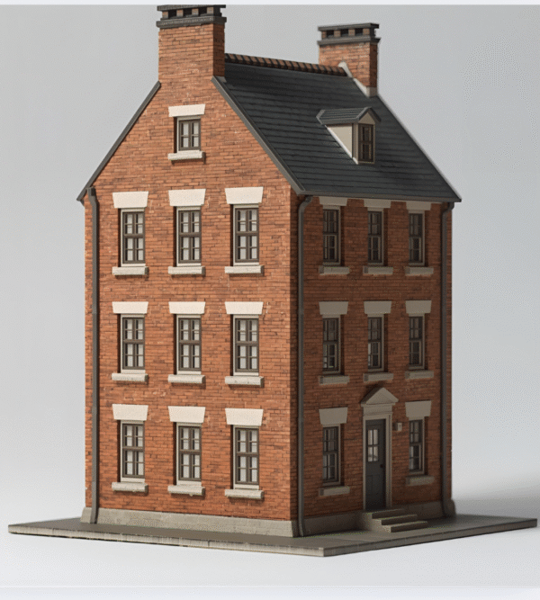 Miniature red brick building with detailed windows, doors, and a realistic roof, representing traditional British architecture.