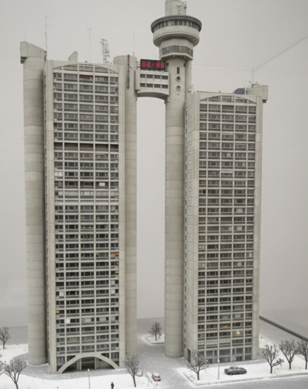 Miniature model kit of the Genex Tower in Belgrade, featuring detailed Brutalist architecture with twin towers and connecting bridge.